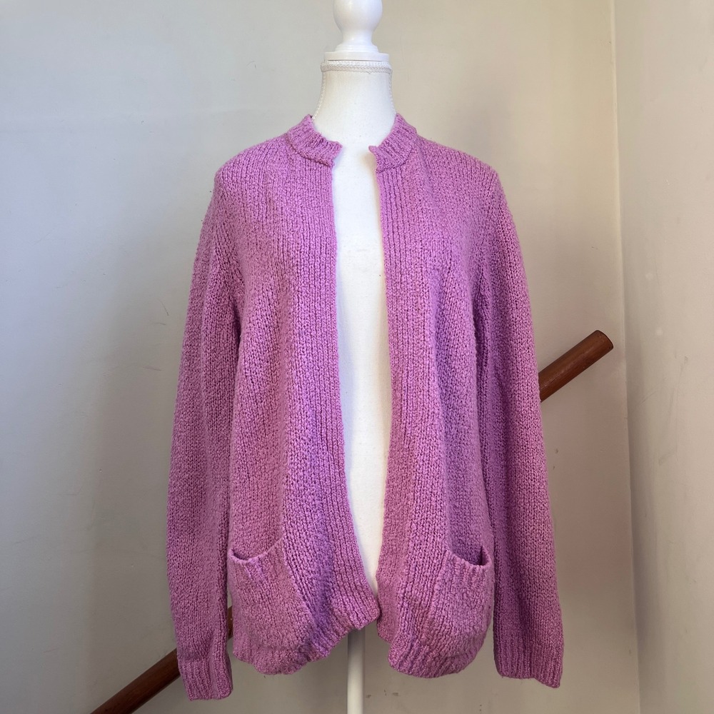 Vintage Purple Open‎ Front Cardigan Sweater Cozy Knit Grandmacore Large Pockets